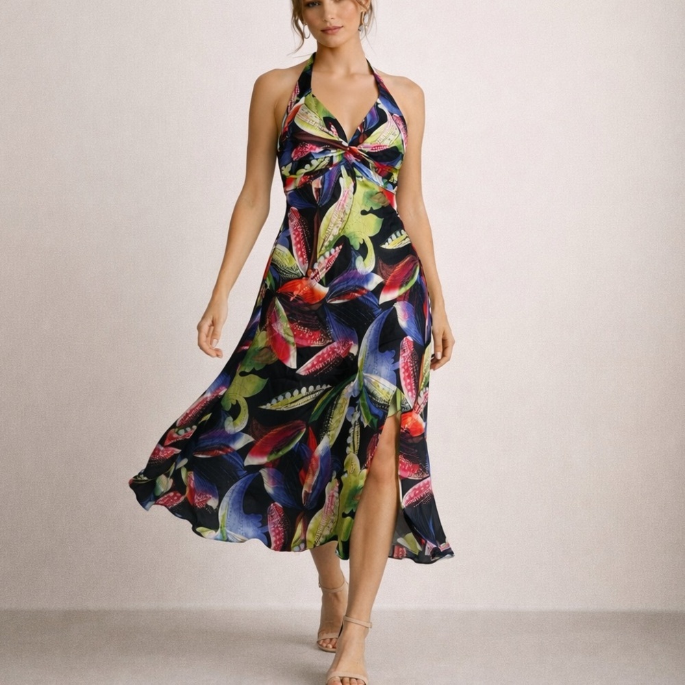 Vintage Cache Silk Floral Halter Dress Size 2 Maximalist Resortwear 2000s